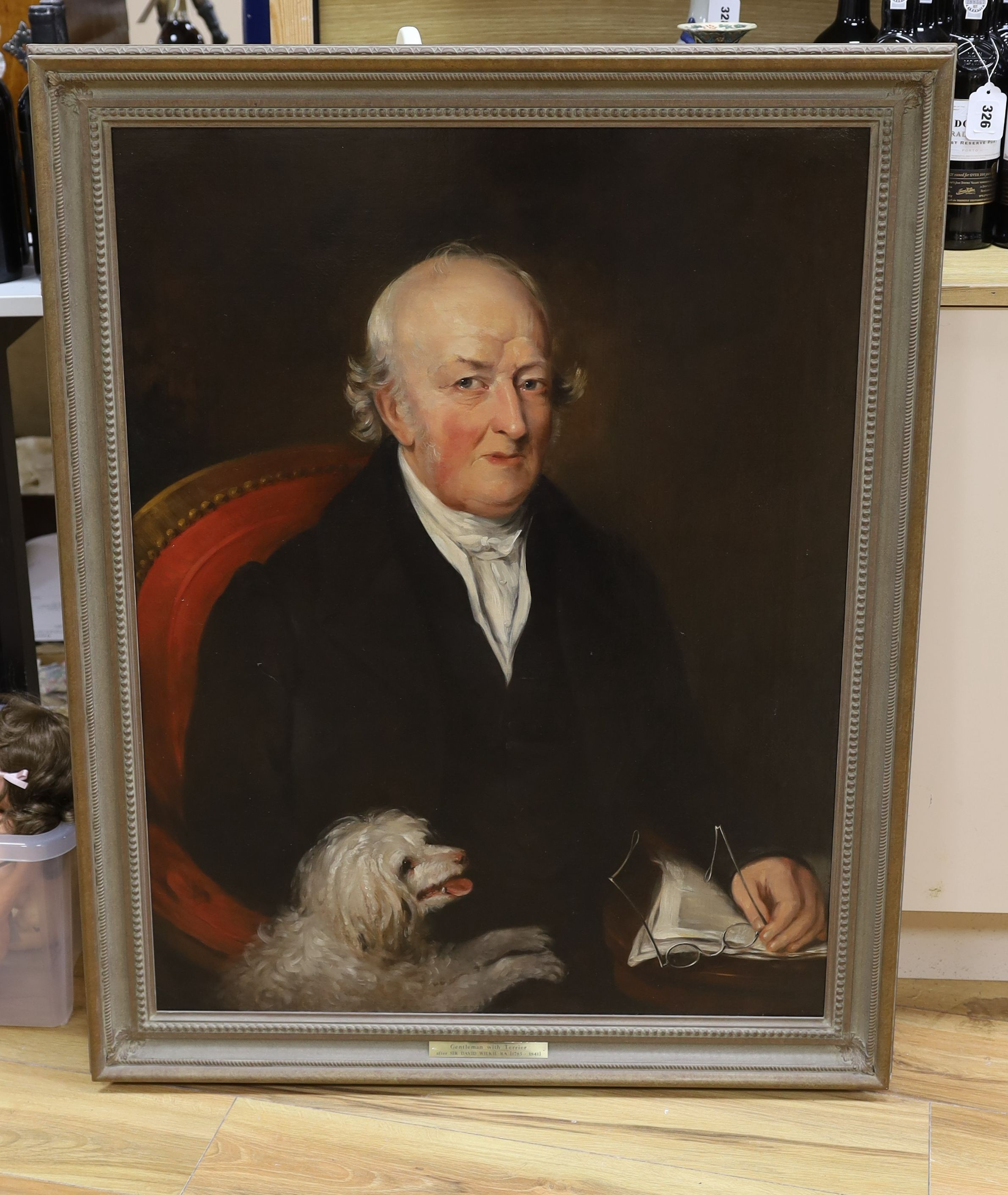 After Sir David Wilkie R.A (1785-1841), oil on canvas, Portrait of a gentleman with terrier, 19 x 69cm
